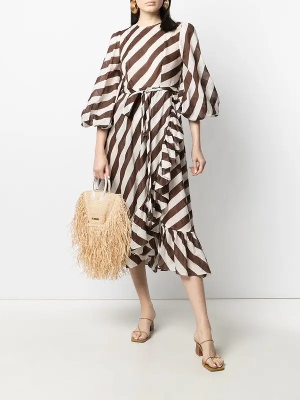 ZIMMERMANN Lulu Striped Belted Cotton Midi
Dress Size XS brown white
